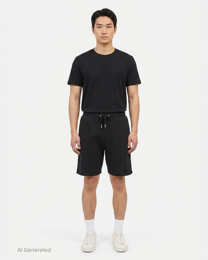 AMI Tonal Emboss Shorts in taupe cotton fleece with drawstring waistband, silver-tone aglets, and subtle logo emboss detail, laid flat on white background - front