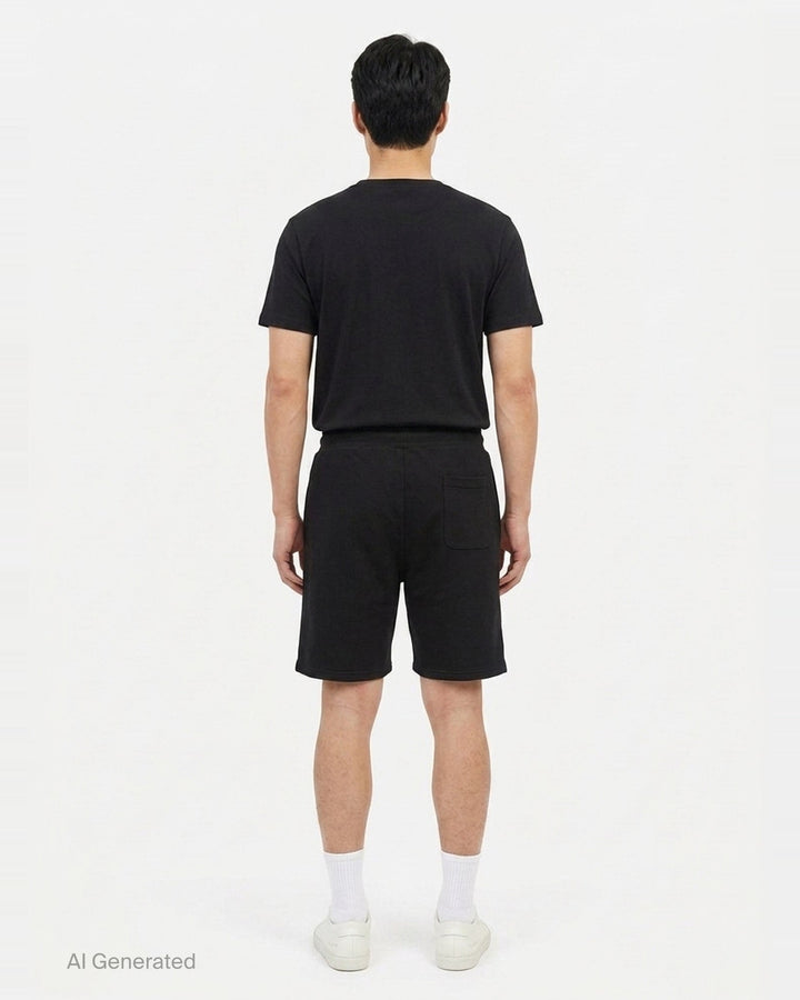 AMI Tonal Emboss Shorts in taupe cotton fleece with drawstring waistband, silver-tone aglets, and subtle logo emboss detail, laid flat on white background - back