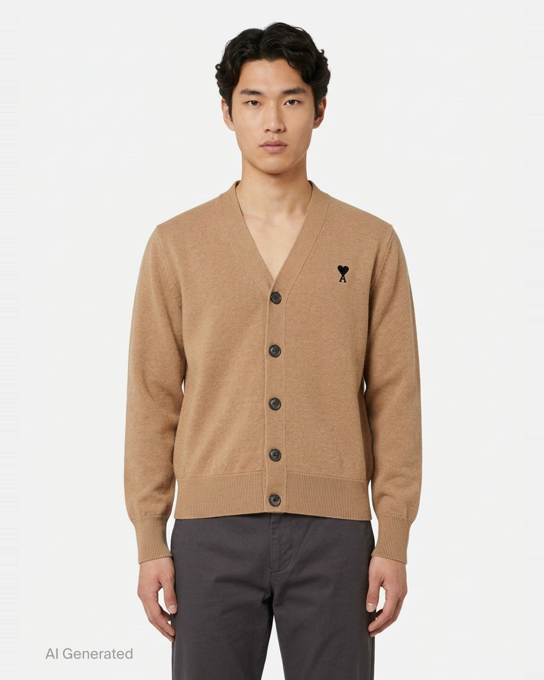 AMI Alexandre Matiussi camel V-neck cardigan with dark tonal button fastening and Ami de Cœur logo embroidery on the chest - front