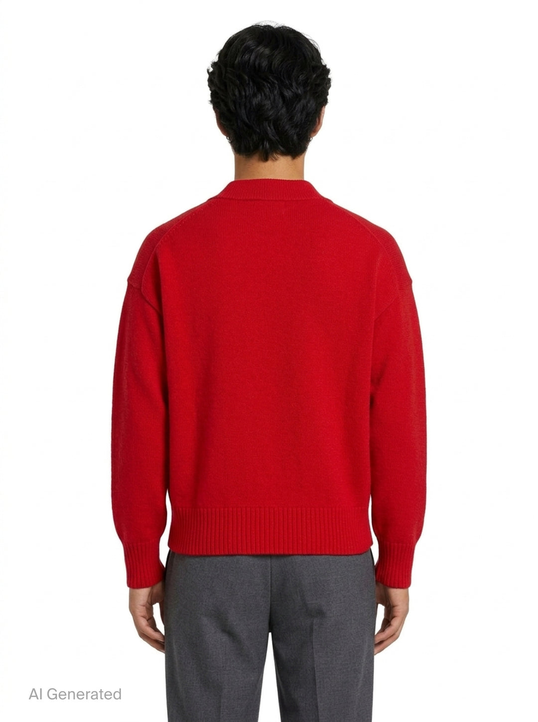 Ami Alexandre Mattiussi black V-neck cardigan with red intarsia-knit Ami de Cœur heart logo on the chest, button front closure, and ribbed trims - back