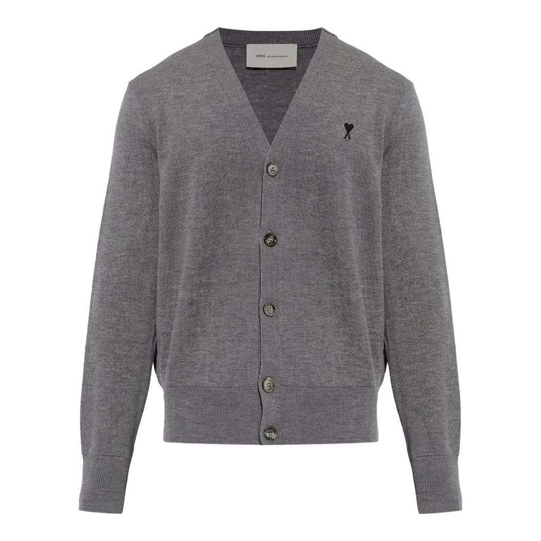 AMI Alexandre Matiussi camel V-neck cardigan with dark tonal button fastening and Ami de Cœur logo embroidery on the chest - packshot