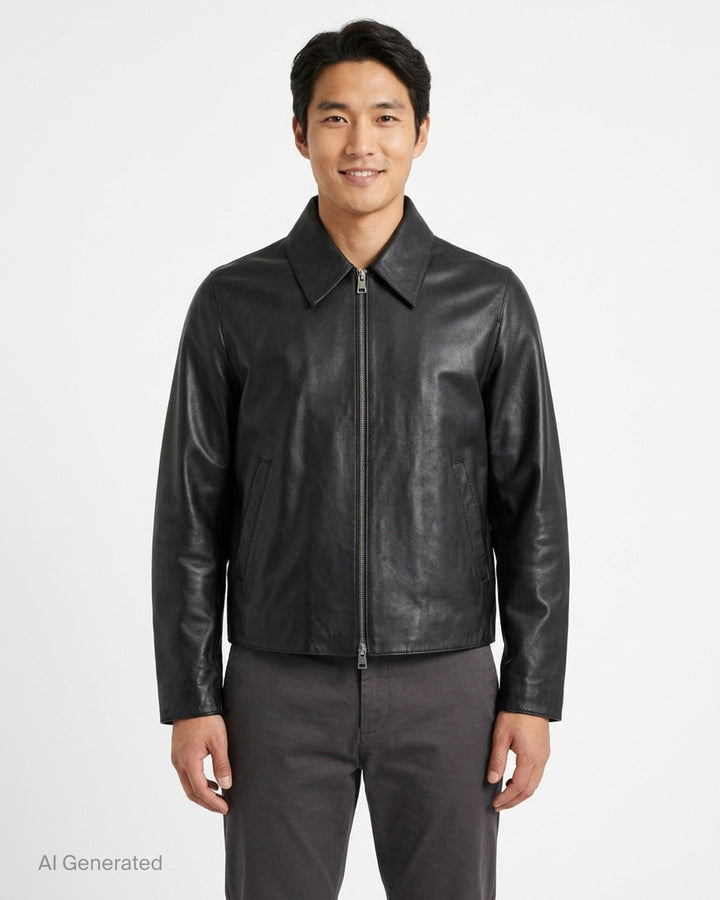 AMI black leather zipped jacket with pointed collar, dual-zip front closure and slanted welt pockets, shown from the front - front