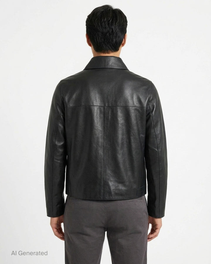 AMI black leather zipped jacket with pointed collar, dual-zip front closure and slanted welt pockets, shown from the front - back