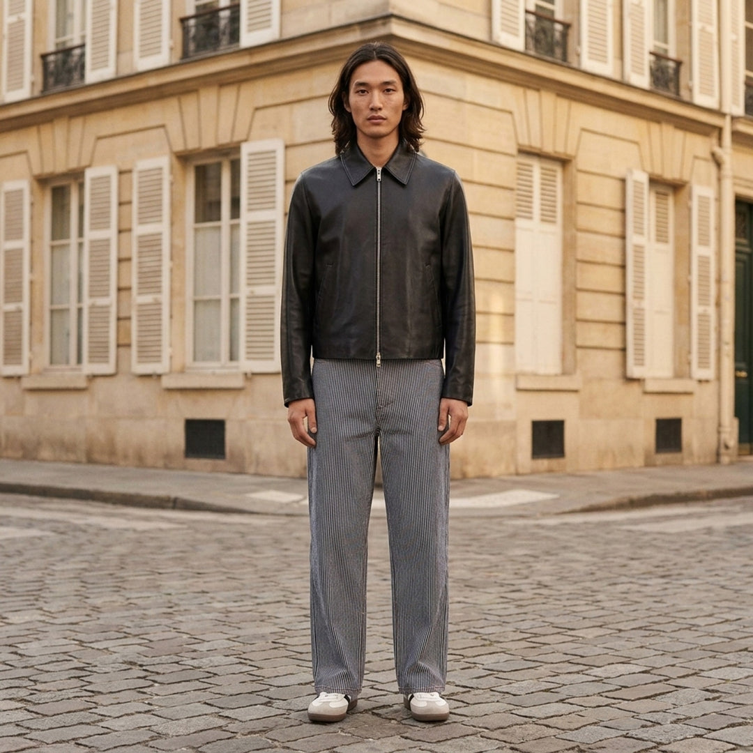 AMI black leather zipped jacket with pointed collar, dual-zip front closure and slanted welt pockets, shown from the front - lifestyle