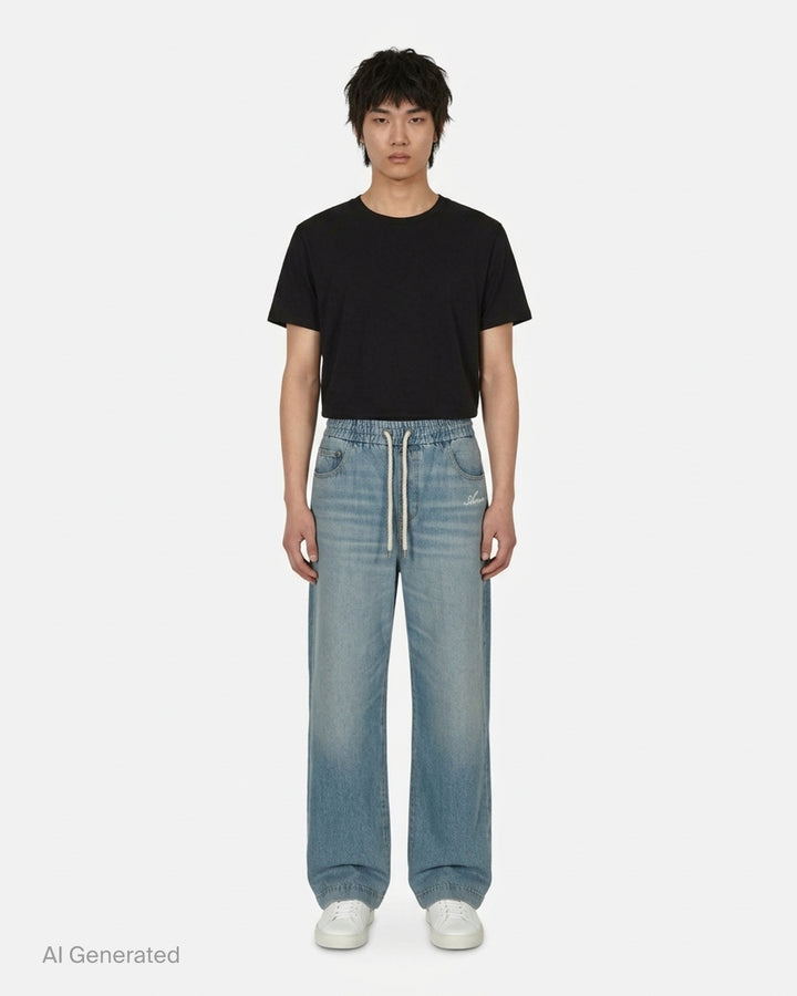 Amiri baggy drawstring jeans in washed light-blue denim with an elasticated waist, white rope drawcord and embroidered script logo at the hip - front