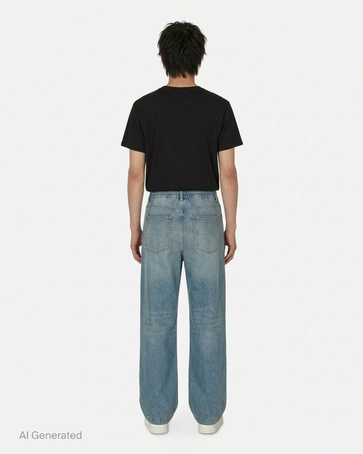 Amiri baggy drawstring jeans in washed light-blue denim with an elasticated waist, white rope drawcord and embroidered script logo at the hip - back