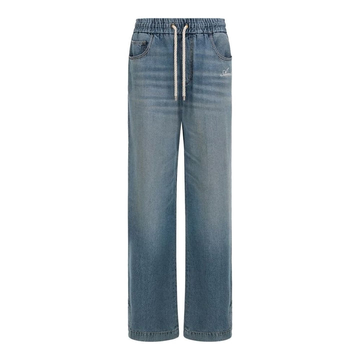 Amiri baggy drawstring jeans in washed light-blue denim with an elasticated waist, white rope drawcord and embroidered script logo at the hip - packshot