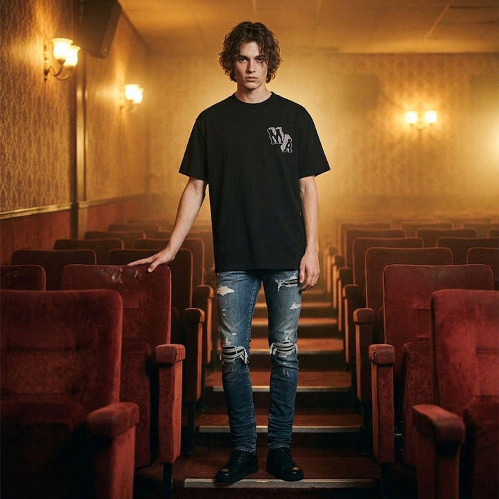 Amiri black short-sleeve tee with crystal-embellished MA block letter logo on the chest - lifestyle