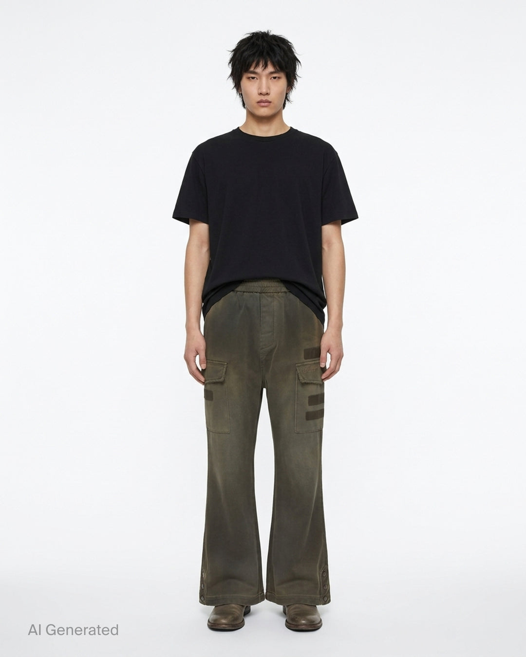 Amiri faded olive cotton cargo pants with flap pockets, strap details and snap-button flared hems - front