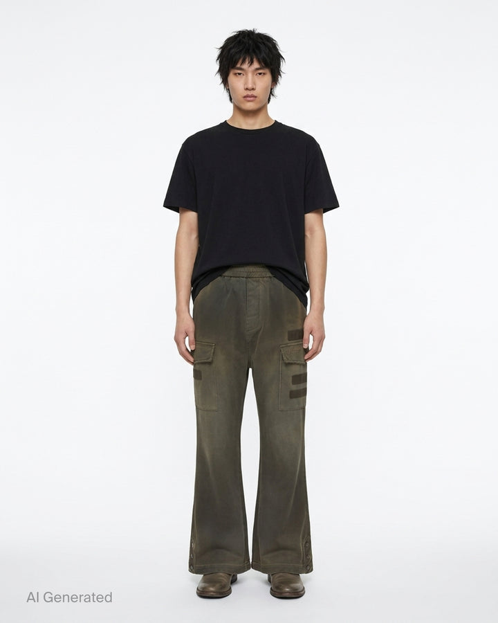 Amiri faded olive cotton cargo pants with flap pockets, strap details and snap-button flared hems - front