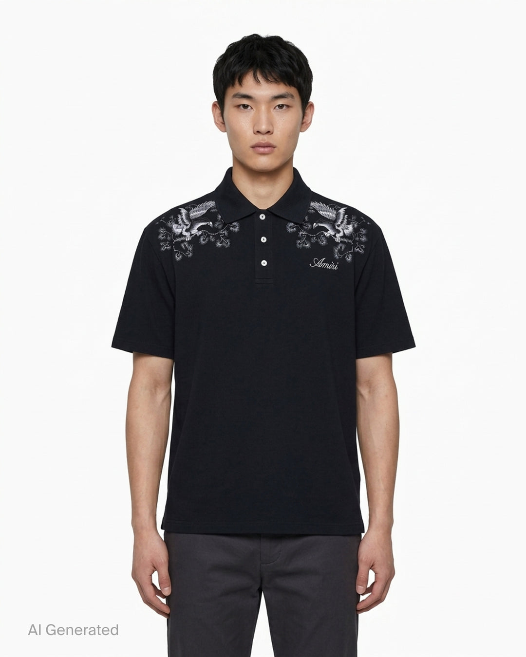 Black Amiri polo shirt with grey eagle and floral embroidery across the shoulders and an embroidered script logo on the chest - front