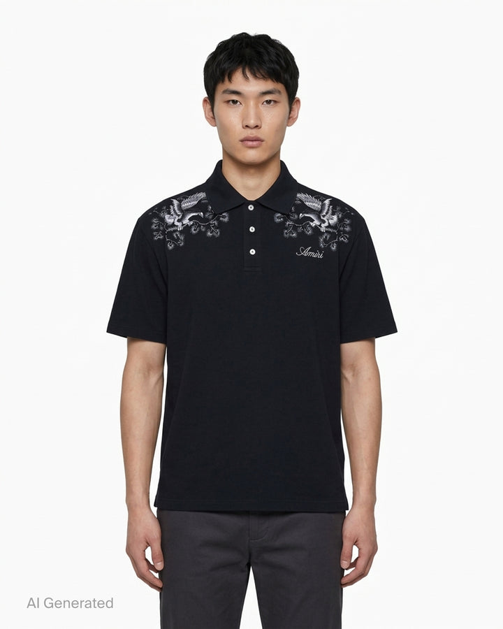 Black Amiri polo shirt with grey eagle and floral embroidery across the shoulders and an embroidered script logo on the chest - front