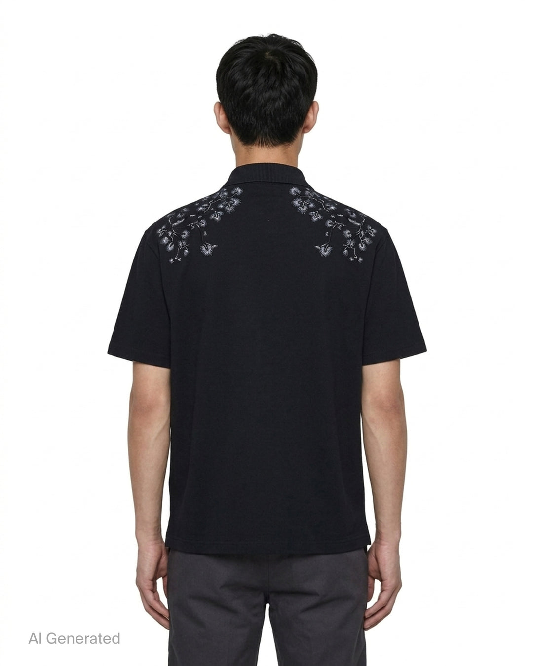 Black Amiri polo shirt with grey eagle and floral embroidery across the shoulders and an embroidered script logo on the chest - back