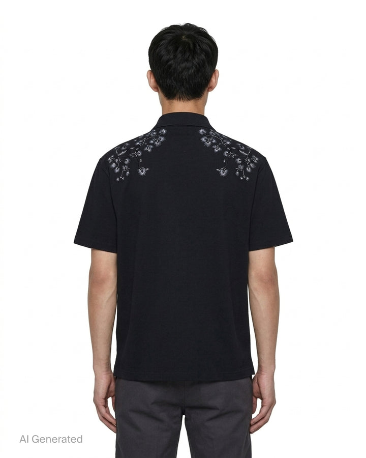 Black Amiri polo shirt with grey eagle and floral embroidery across the shoulders and an embroidered script logo on the chest - back