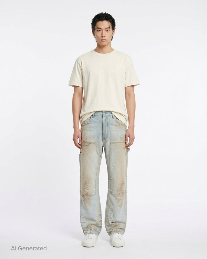 Amiri lightweight carpenter jeans in a distressed light wash with double-knee panels and hammer loop, shown from the front - front