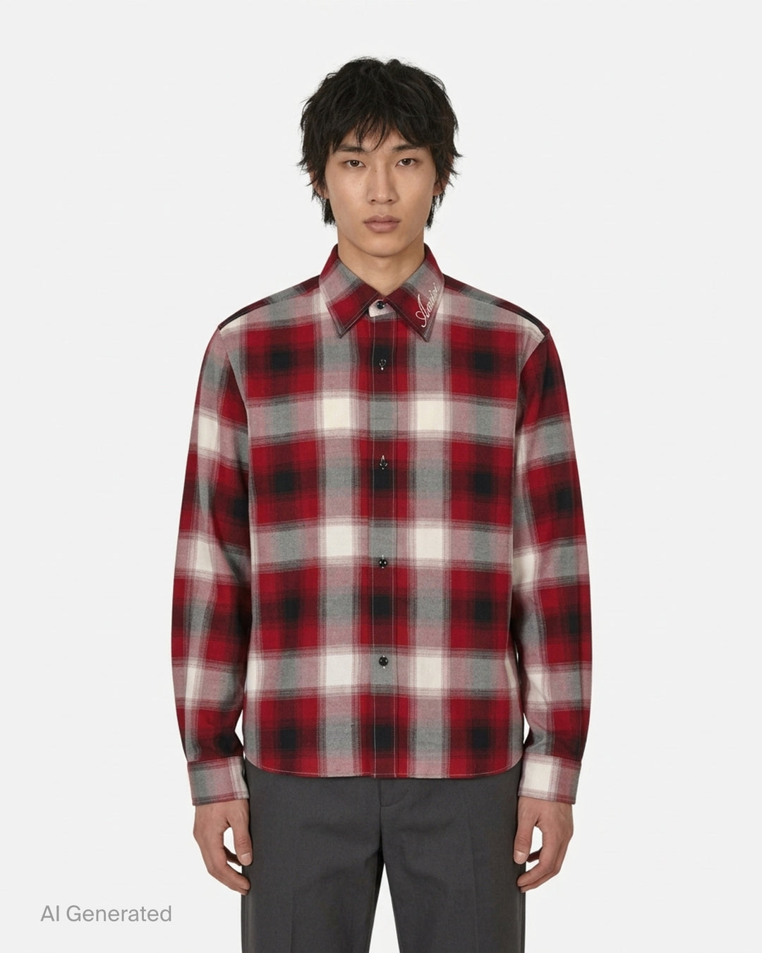 Amiri oversized flannel shirt in red, black and cream ombré plaid with embroidered script logo on the collar and black buttons - front
