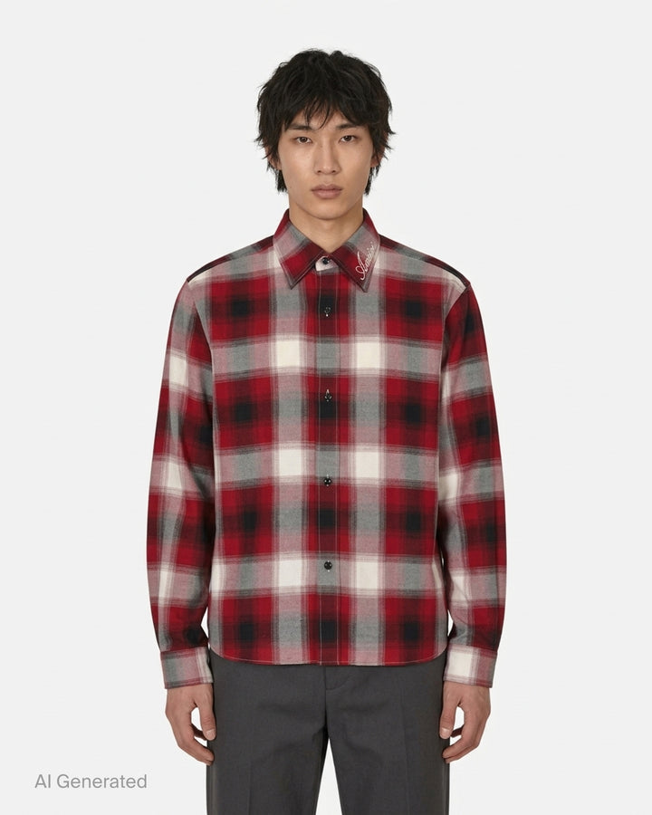 Amiri oversized flannel shirt in red, black and cream ombré plaid with embroidered script logo on the collar and black buttons - front