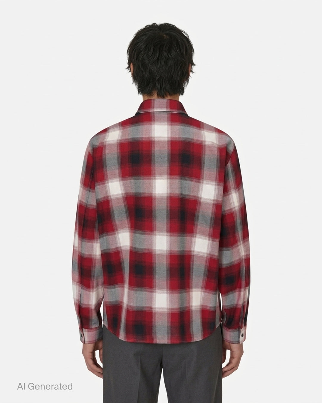 Amiri oversized flannel shirt in red, black and cream ombré plaid with embroidered script logo on the collar and black buttons - back