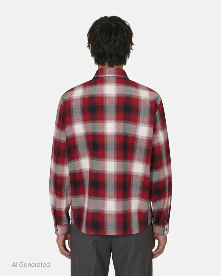 Amiri oversized flannel shirt in red, black and cream ombré plaid with embroidered script logo on the collar and black buttons - back