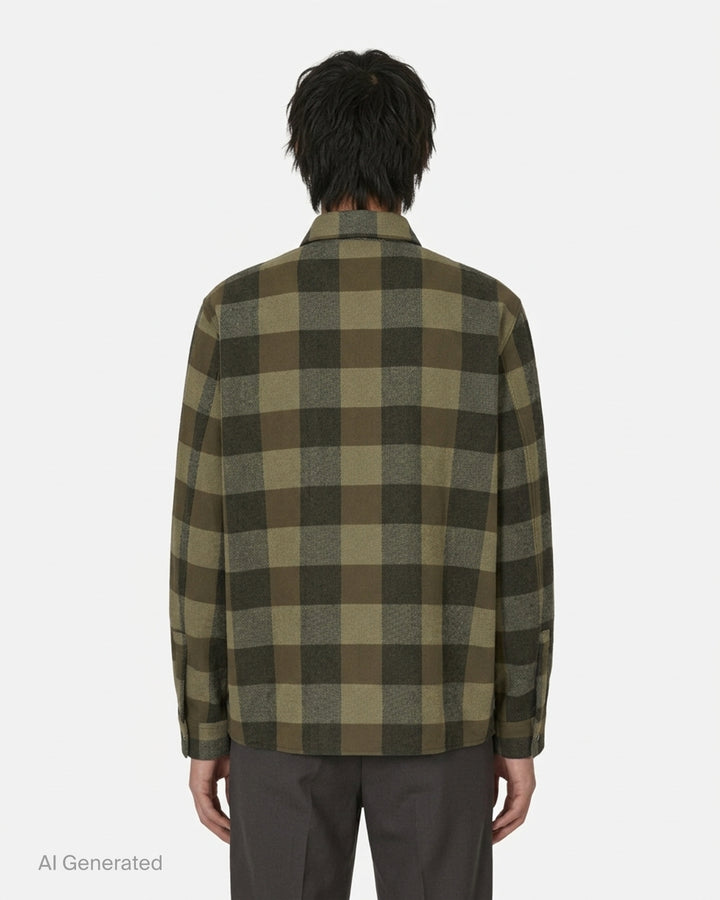 Amiri oversized heavy flannel shirt in olive and black buffalo check with snap-button front and embroidered script logo at the chest - back