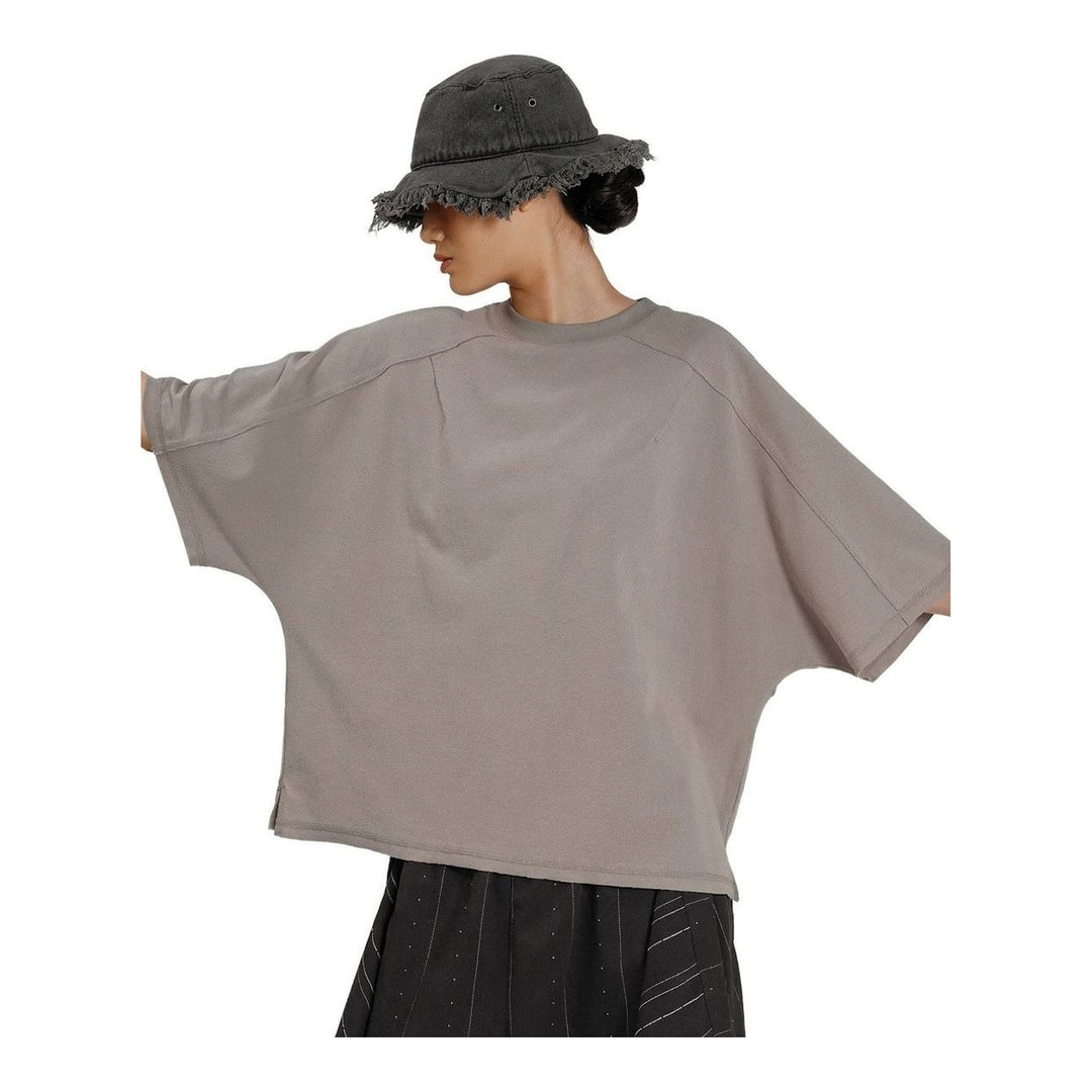 Model wearing the Anaabu Boxy Short Sleeve Tee in black — an oversized, dropped-shoulder silhouette styled over a taupe wide-leg trouser skirt - packshot
