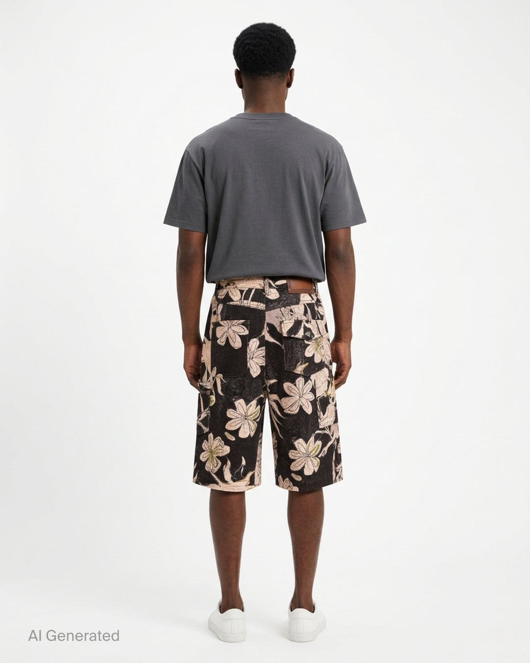 Andersson Bell carpenter shorts with an all-over black and cream floral and alien print, gold embroidered accents, and utility pocket detailing - back