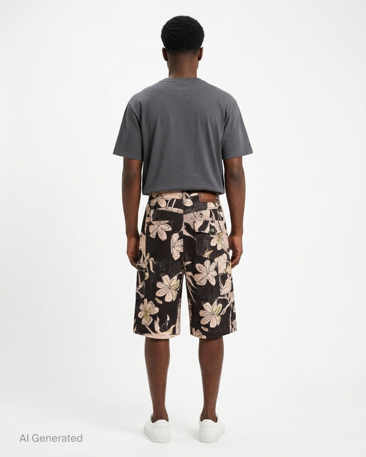 Andersson Bell carpenter shorts with an all-over black and cream floral and alien print, gold embroidered accents, and utility pocket detailing - back