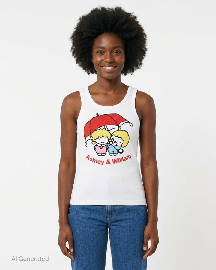 Ashley Williams white ribbed sleeveless vest featuring a kawaii cartoon graphic of two blonde figures sharing a red umbrella, with 'Ashley & William' text printed in red below - front
