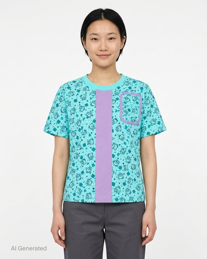 Ashley Williams Bear Window T-Shirt in aqua with all-over illustrated bear print, vertical purple centre stripe, contrast-trimmed chest patch pocket, and crew neckline - front