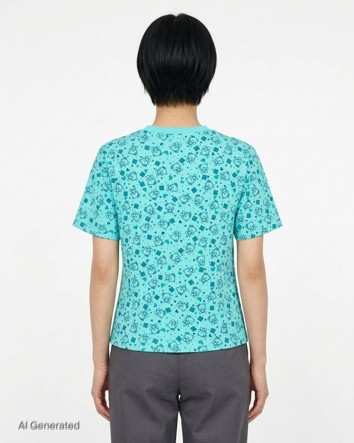 Ashley Williams Bear Window T-Shirt in aqua with all-over illustrated bear print, vertical purple centre stripe, contrast-trimmed chest patch pocket, and crew neckline - back