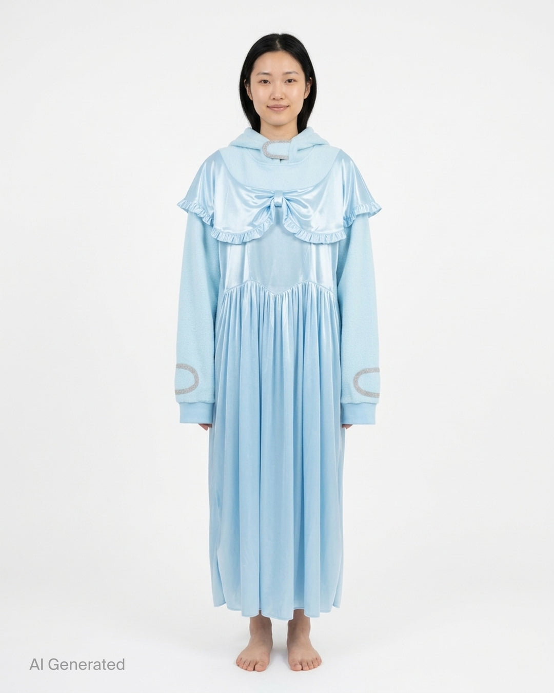 Ashley Williams ice-blue gown hoodie with satin bow capelet, ruffled trim, rhinestone sleeve appliqués, and flowing pleated satin skirt overlay, photographed flat on a white background - front