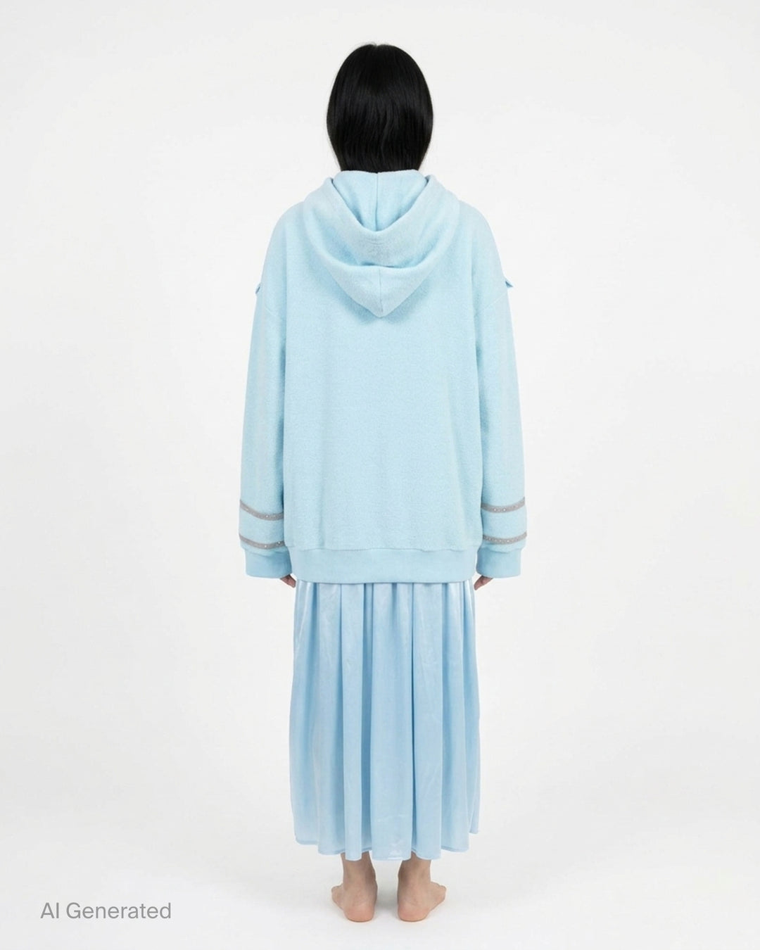 Ashley Williams ice-blue gown hoodie with satin bow capelet, ruffled trim, rhinestone sleeve appliqués, and flowing pleated satin skirt overlay, photographed flat on a white background - back