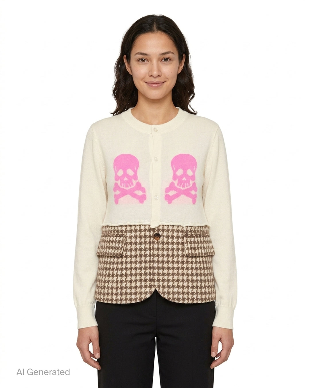 Ashley Williams cream cardigan jacket with two pink skull and crossbones motifs and a brown houndstooth blazer-style hem with flap pockets - front