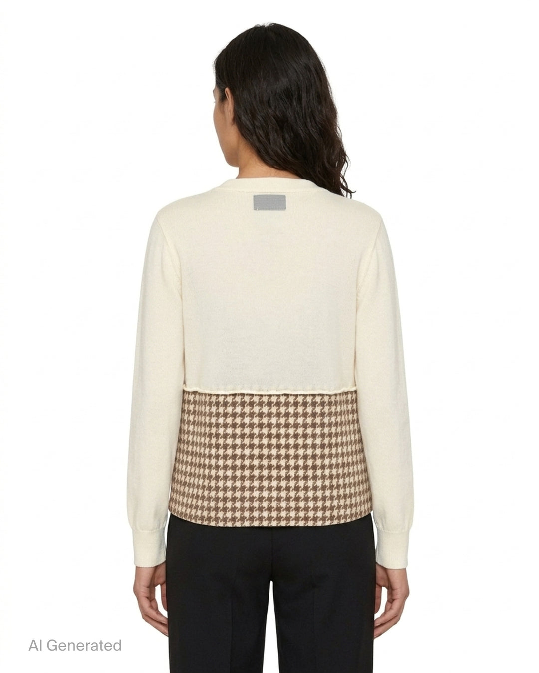 Ashley Williams cream cardigan jacket with two pink skull and crossbones motifs and a brown houndstooth blazer-style hem with flap pockets - back