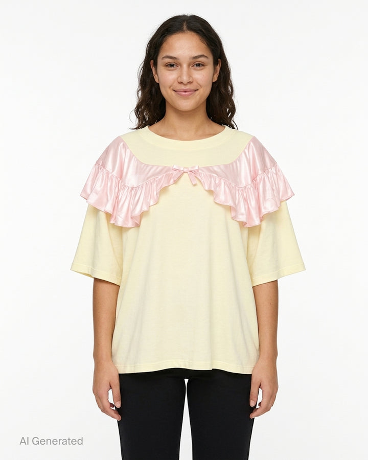 Ashley Williams Curtain T-Shirt in pale yellow with a pink satin ruffle yoke and bow detail at the chest - front