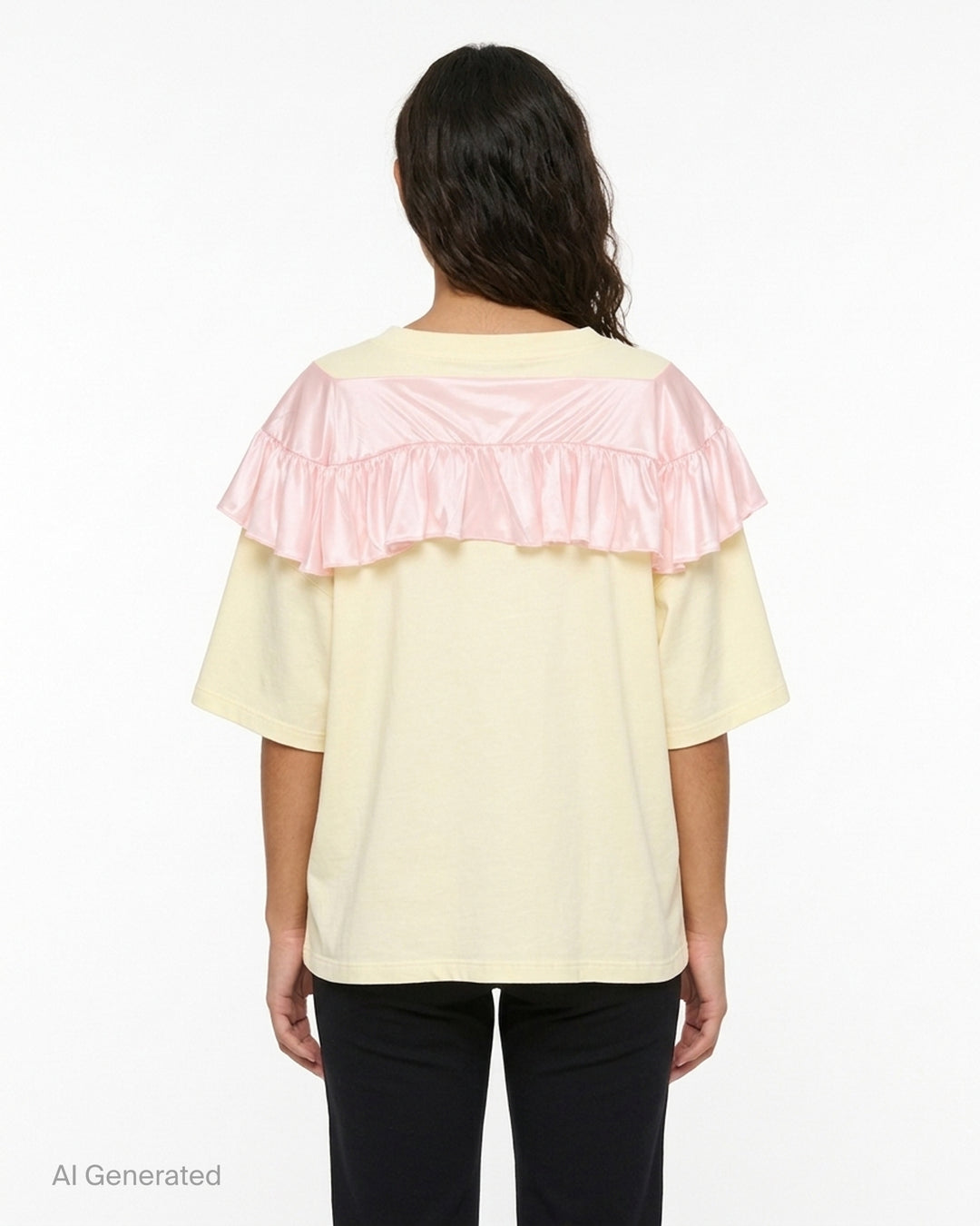 Ashley Williams Curtain T-Shirt in pale yellow with a pink satin ruffle yoke and bow detail at the chest - back