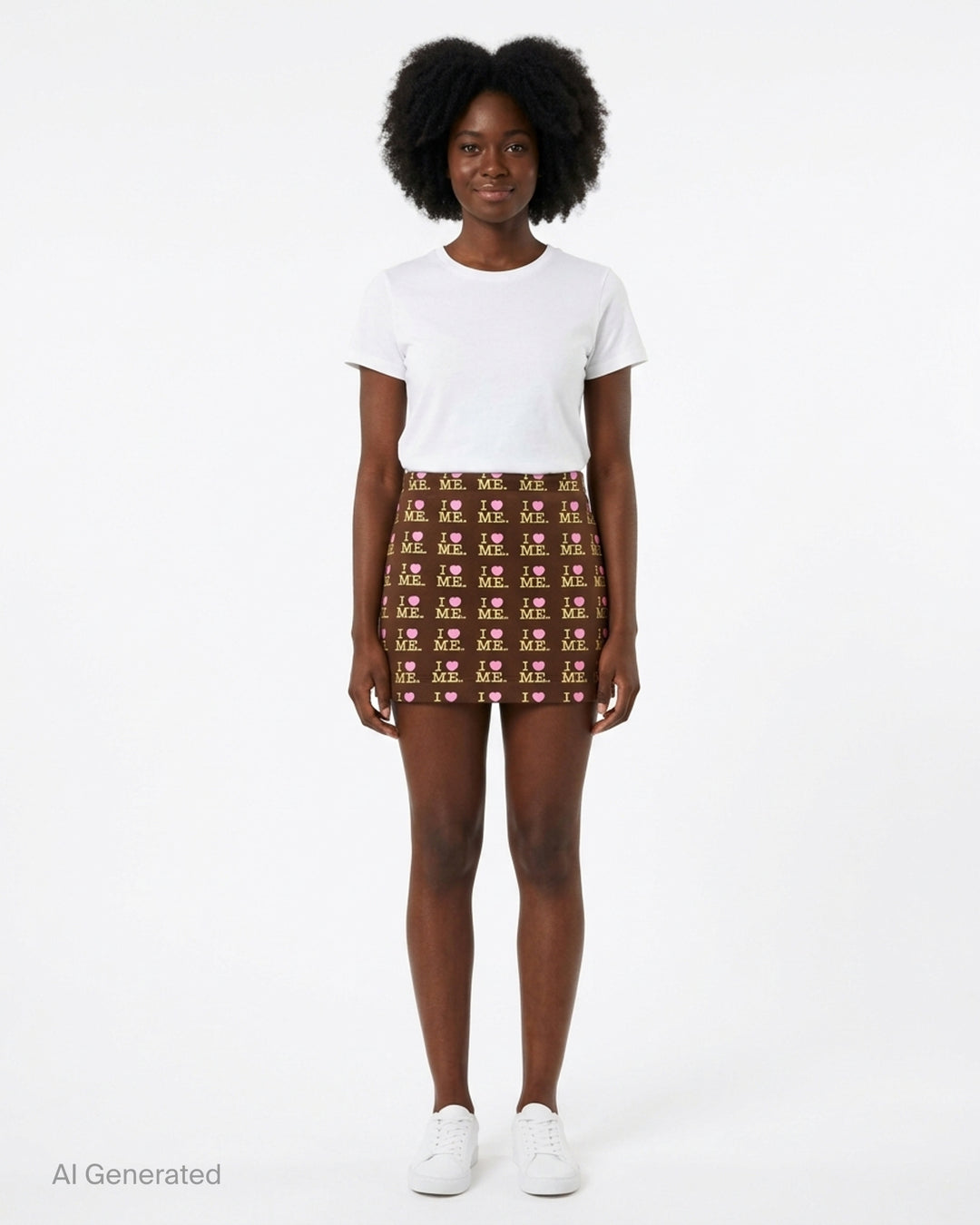Ashley Williams Choco I Heart Me Mini Skirt in chocolate brown with all-over 'I ♥ ME' logo repeat print in yellow and pink, featuring a fitted A-line silhouette and structured waistband - front