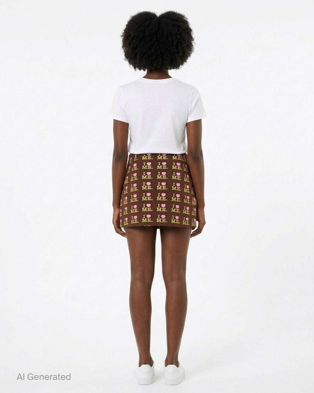 Ashley Williams Choco I Heart Me Mini Skirt in chocolate brown with all-over 'I ♥ ME' logo repeat print in yellow and pink, featuring a fitted A-line silhouette and structured waistband - back