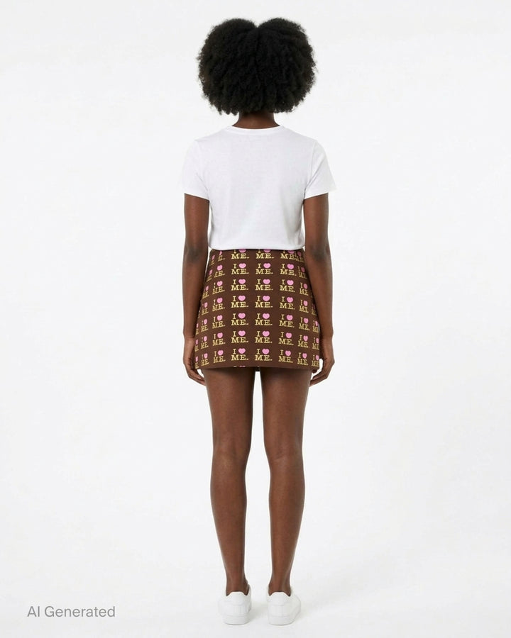 Ashley Williams Choco I Heart Me Mini Skirt in chocolate brown with all-over 'I ♥ ME' logo repeat print in yellow and pink, featuring a fitted A-line silhouette and structured waistband - back