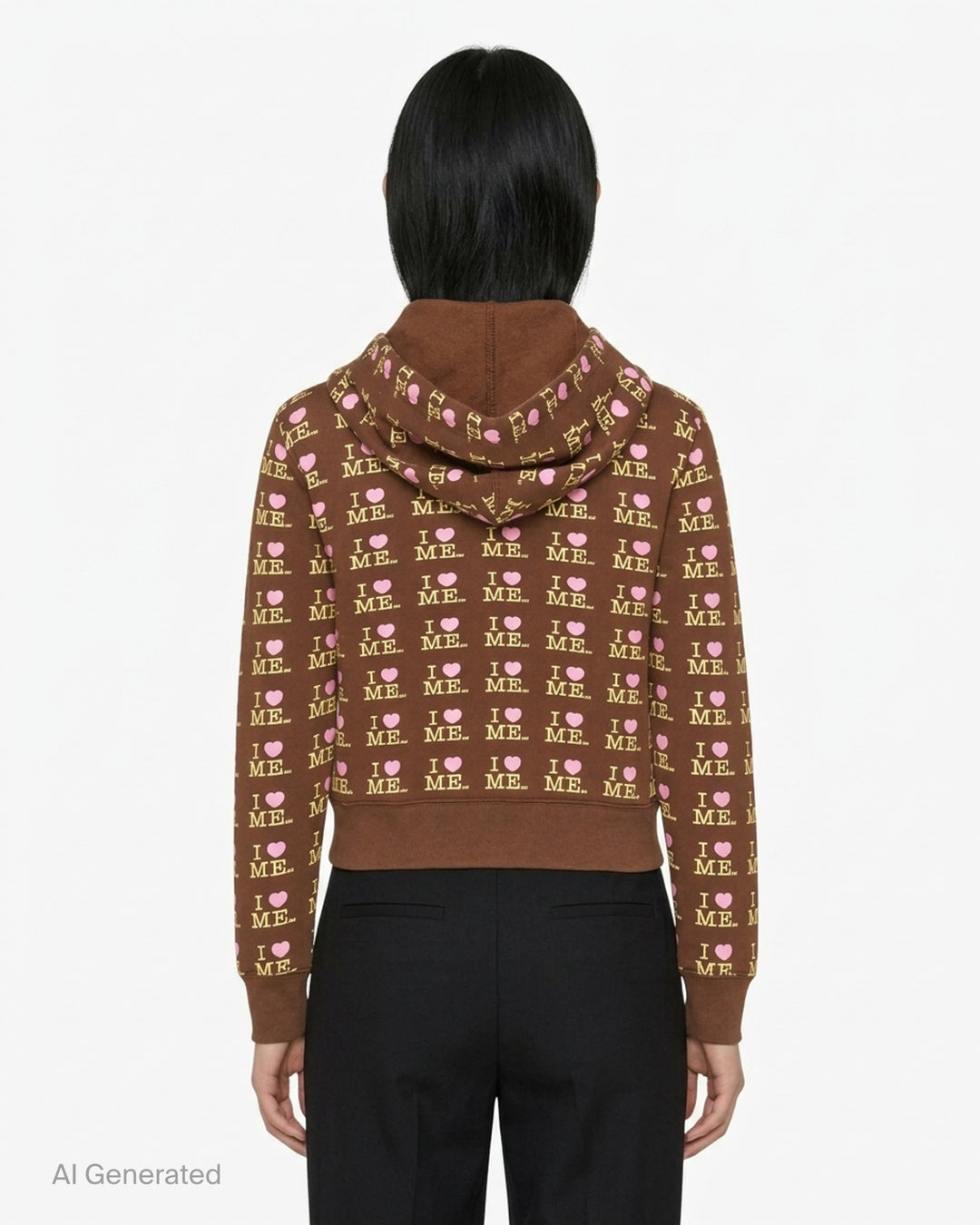 Ashley Williams chocolate brown zip-up hoodie with all-over 'I Heart Me' repeat print in yellow and pink, featuring a star-pull zip, drawstring hood, and cropped silhouette - back
