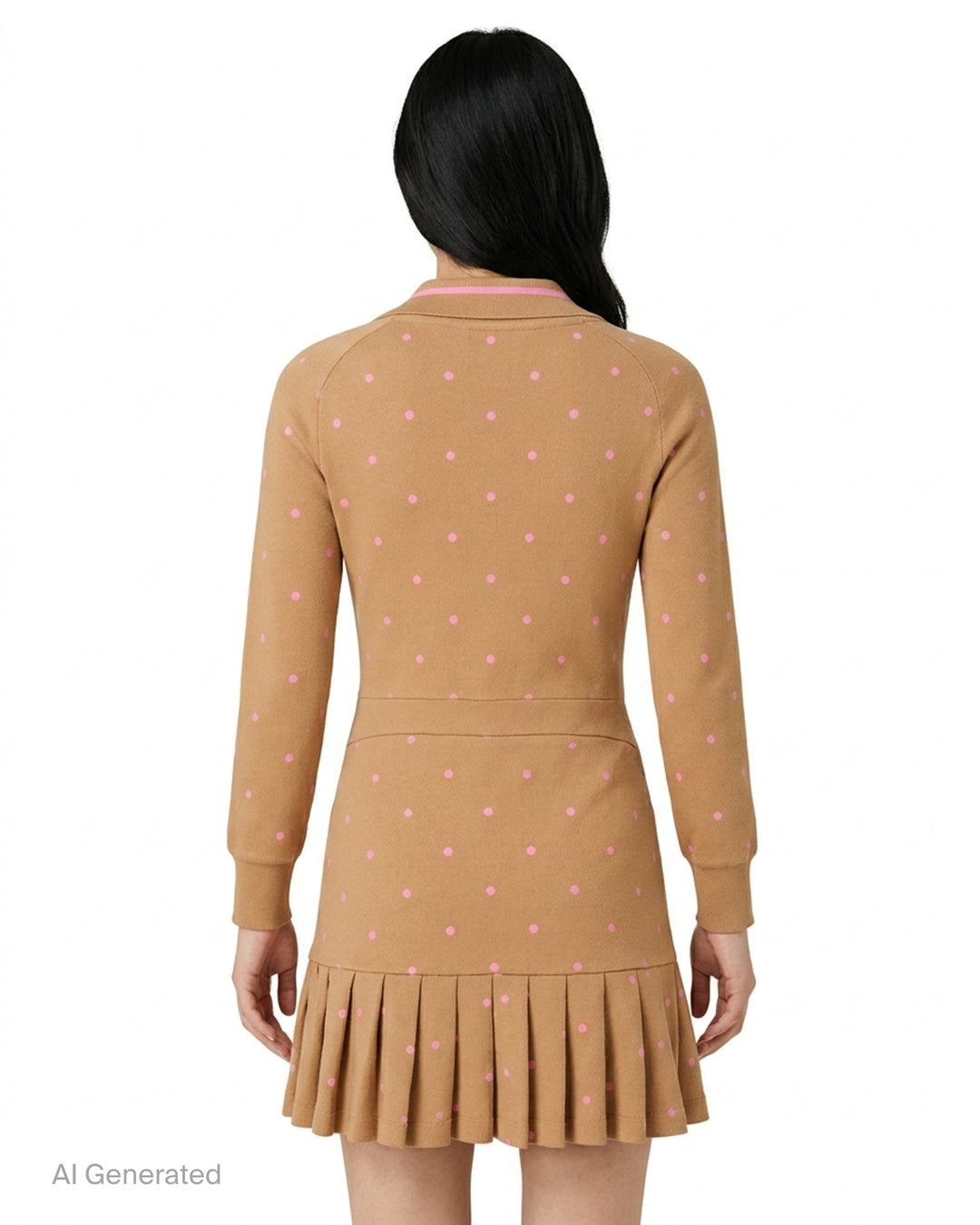 Ashley Williams long sleeve Amelia short dress in camel with pink polka dots, striped polo collar, button placket and pleated drop-waist hem - back