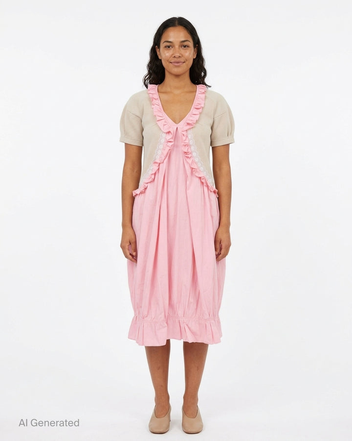 Ashley Williams Pink Anneliese Dress with beige ribbed bodice, puff sleeves, ruffled V-neckline with white lace trim, and voluminous gathered pink skirt with ruffle hem - front