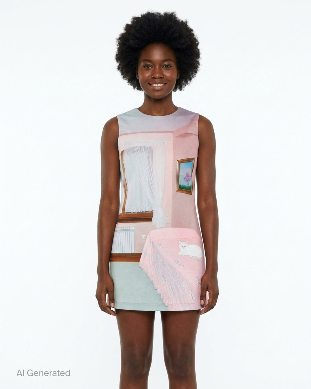 Ashley Williams Room Print Mini Dress featuring a photographic pink bedroom interior print with sheer curtains, a framed landscape painting, a radiator, and a white cat resting on a lace-edged bed, in a sleeveless A-line silhouette - front