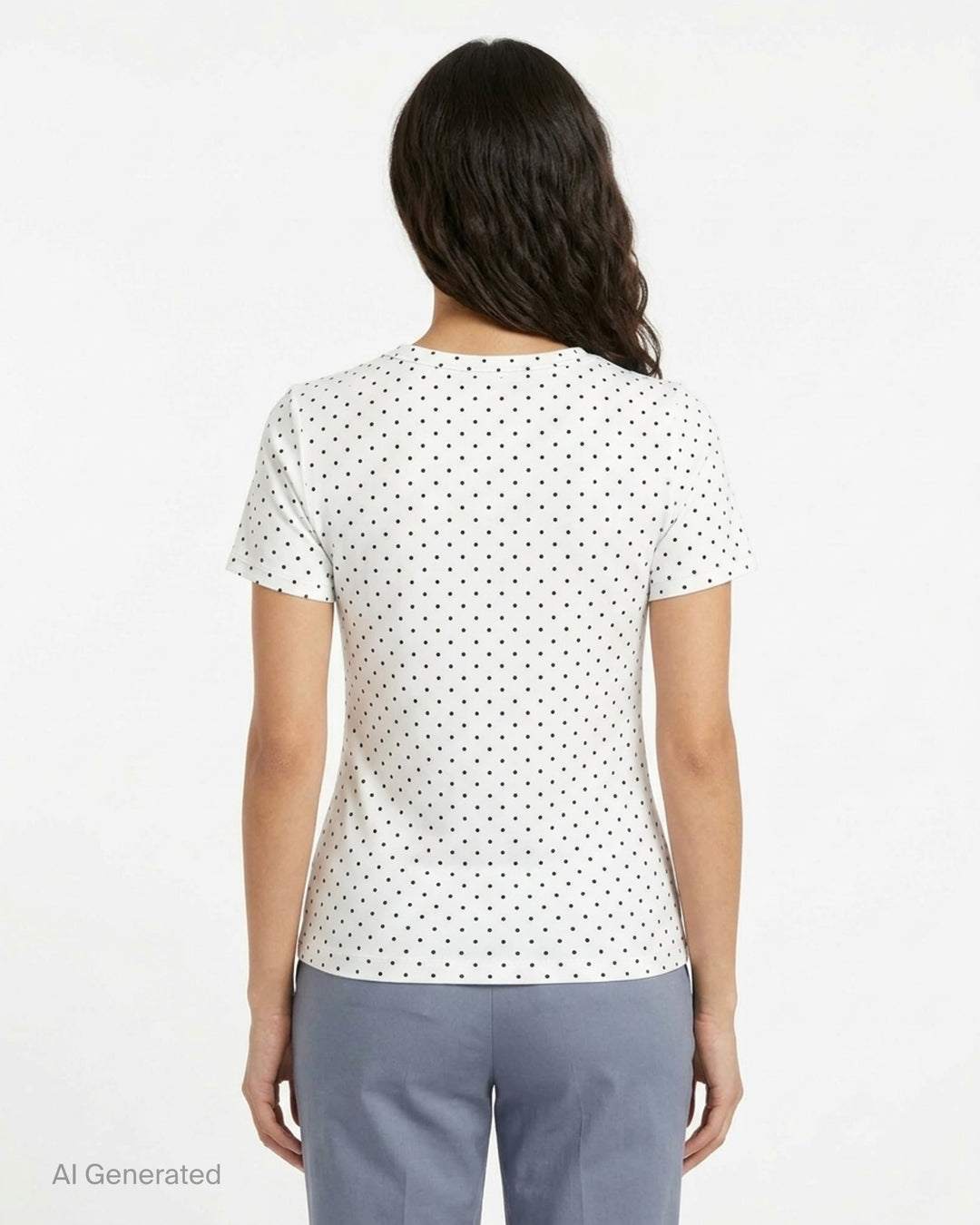 Ashley Williams Room Short Sleeve Tee with a photographic pastel bedroom interior print on the body and white polka dot short sleeves, featuring a crew neckline and fitted silhouette - back