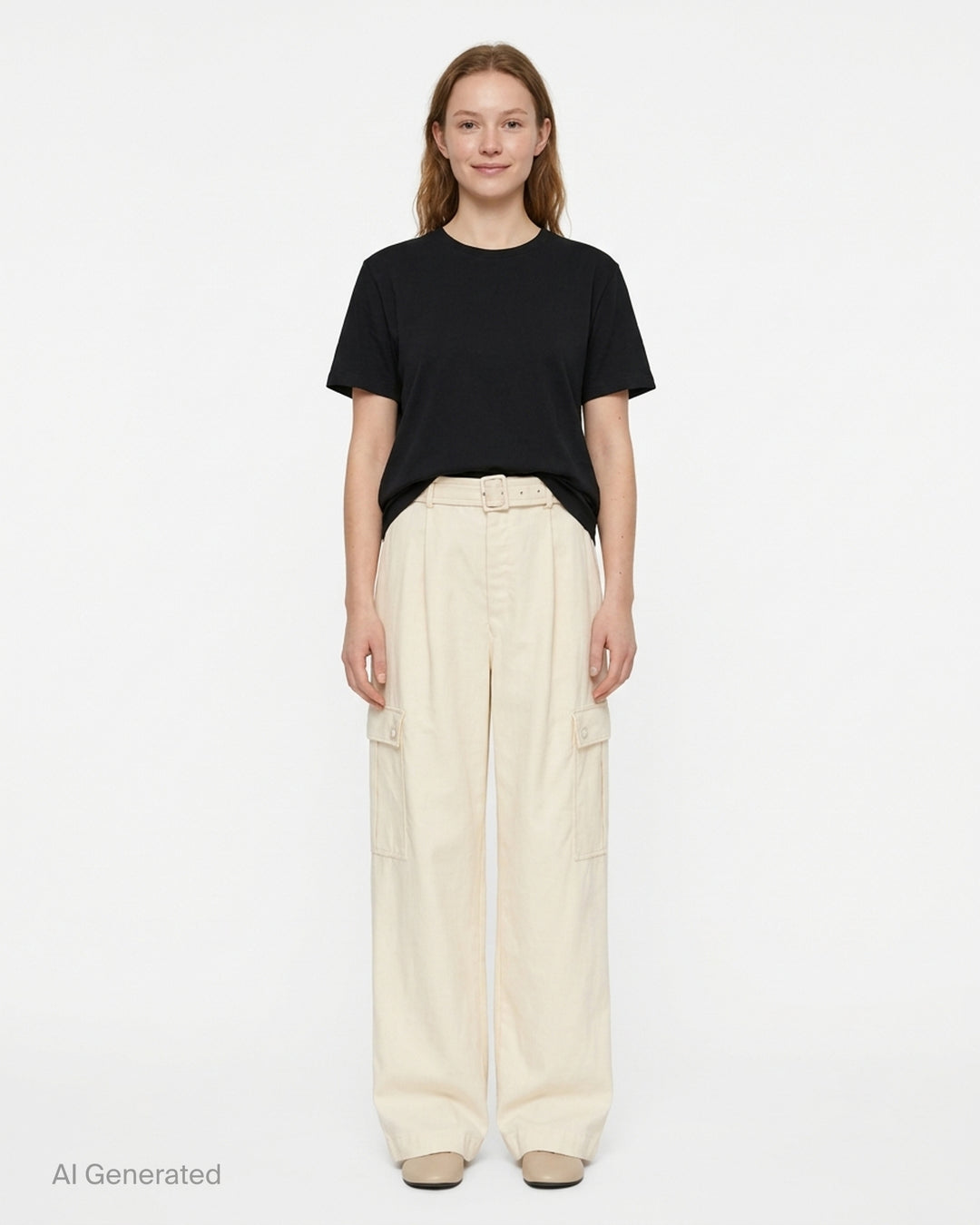 Cream belted wide-leg cargo pants with pleated front and button-flap side pockets - front