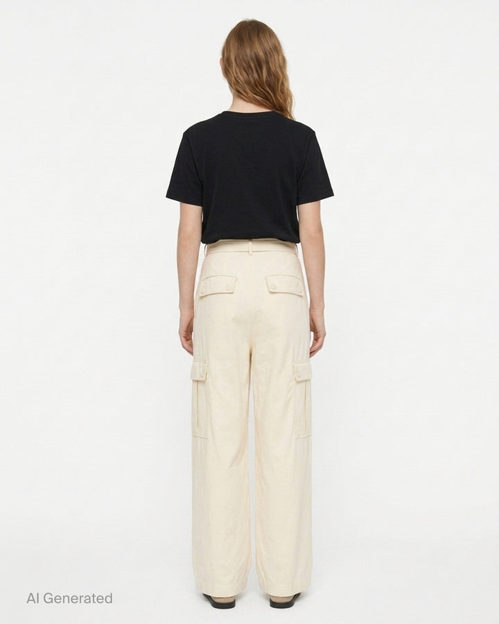 Cream belted wide-leg cargo pants with pleated front and button-flap side pockets - back