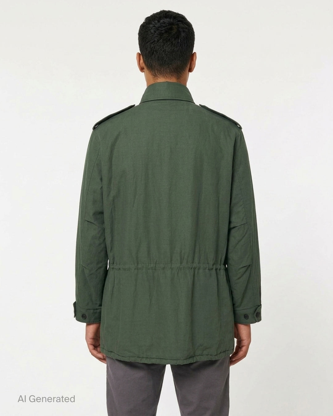 Auralee olive green padded blouson in brushed silk linen satin with four flap pockets, epaulettes and drawstring waist - back