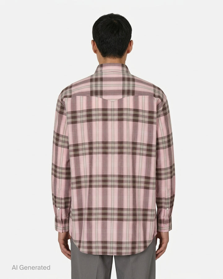 Auralee High Twist Cotton Silk Check long sleeve shirt in blue and red plaid with snap buttons and twin flap chest pockets - back