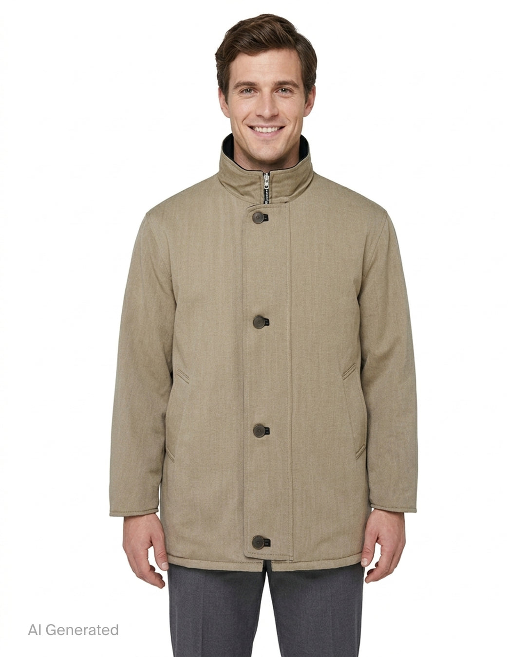 Auralee reversible wool twisted twill coat in beige with stand collar, button front and black leather reverse visible at the collar - front
