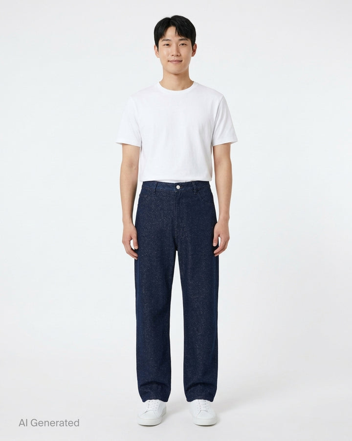 Auralee silk nep denim five-pocket wide pants in flecked dark indigo, shown front view - front